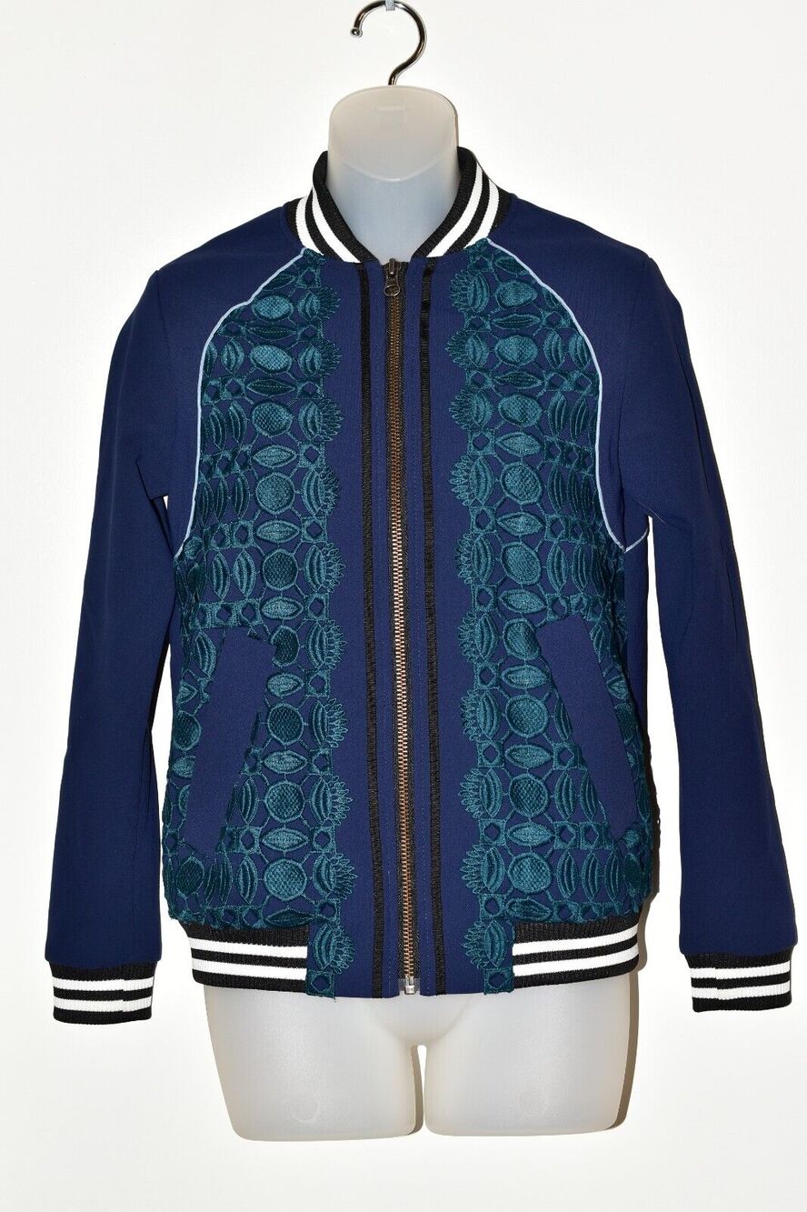 Self Portrait Scalloped Edge Bomber Jacket Blue Green US 2 UK 6 Holiday Winter